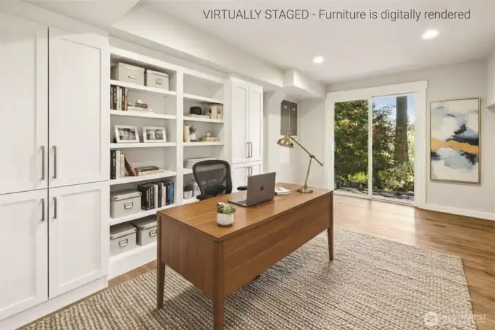 Lower level office. (Image has been virtually staged to illustrate the property's potential. Furniture and decor shown are digitally rendered and are not included with the property. Please refer to the original photographs for an accurate representation of the property's current condition.)