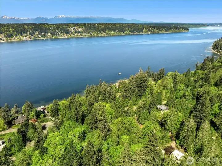 Aerial view showing Puget Sound and the Olympic Mountains.