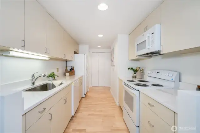 An open-concept kitchen that effortlessly blends into your living space, featuring all-new appliances for your convenience.