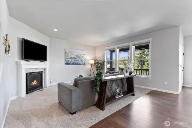 The hallway leads you to the living room/great room, complete with brand new carpeting.