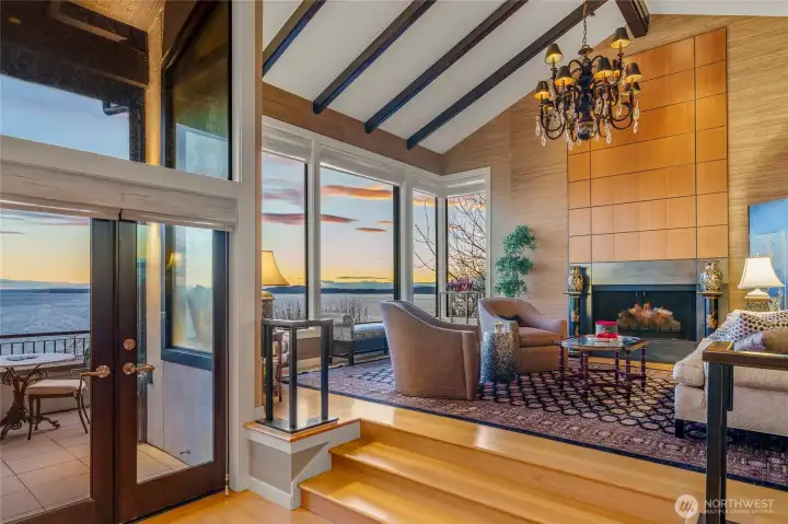The view deck is just off of the dining room. Look at the pretty wood beams- the gracious open spaces are typical of George Suyama.