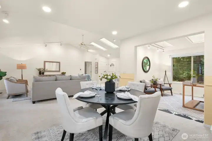 Living, primary bedroom, dining, kitchen, and office all on the main level.