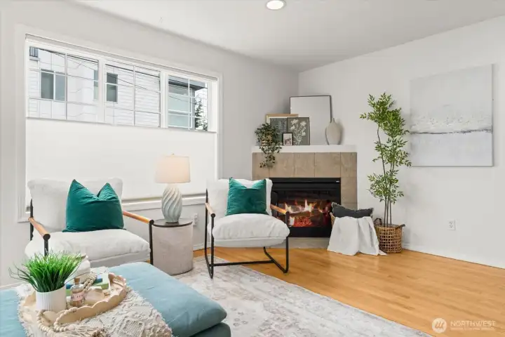 Cozy and clean electric corner fireplace.