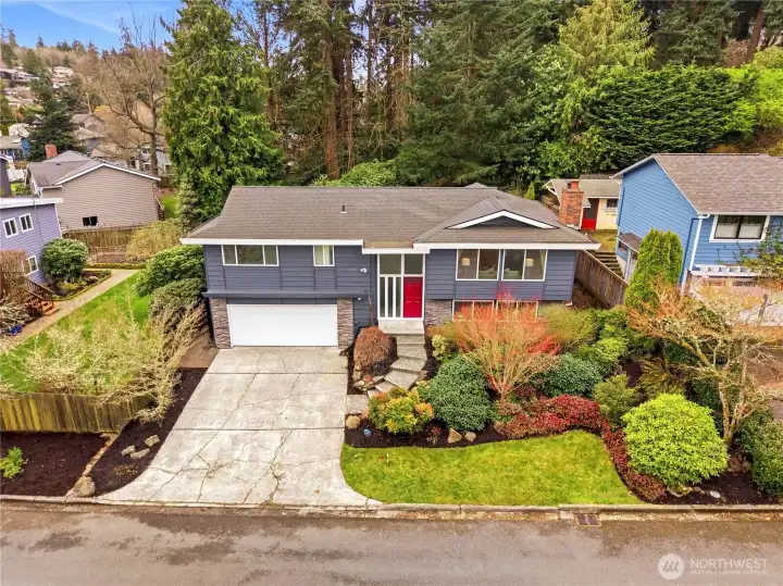 Aerial view of the property. Note the excellent professional landscaping of the front yard.