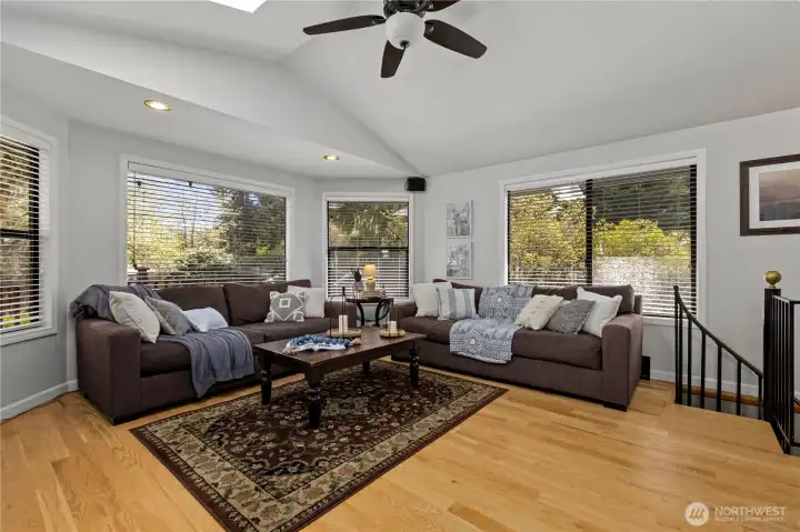 A ceiling fan keeps air circulating under the vaulted ceilings.