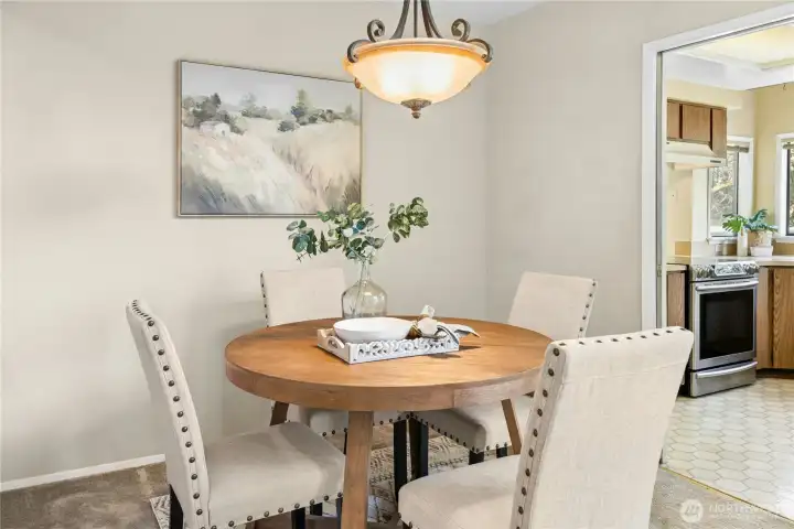 The dining area between the kitchen and the living room.