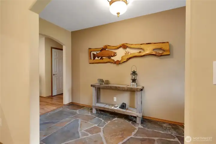 Slate rock entry off covered front deck