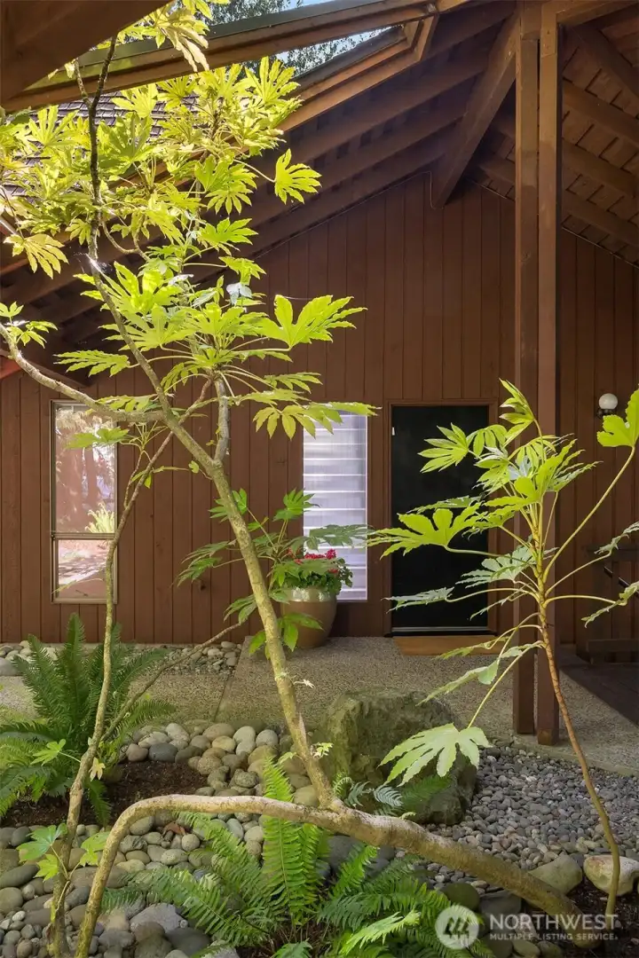 At the entry, a sunlit roof opening brings light to the low-maintenance rock/fern garden.