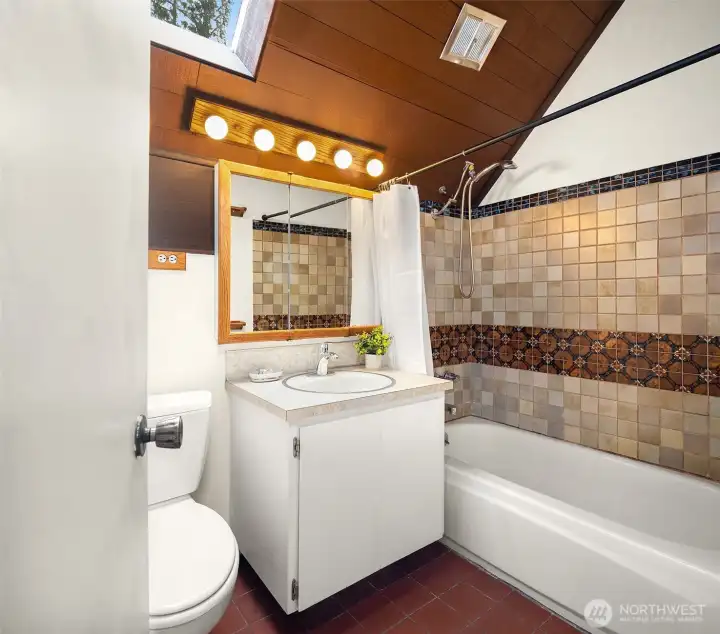 Primary bath with skylit view.