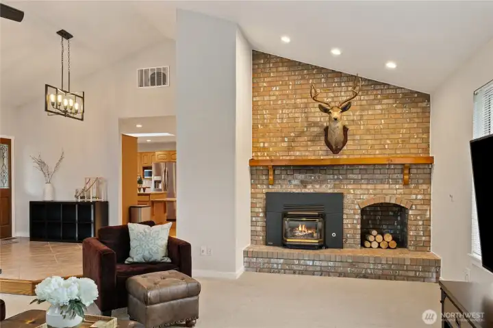 On snowy days, the fireplace creates a warm and cozy setting perfect for relaxing and enjoying the season.