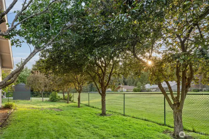 Peaceful and private, this fully fenced yard enjoys beautiful views of the 17th fairway.