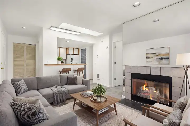 Wood burning fireplace.
