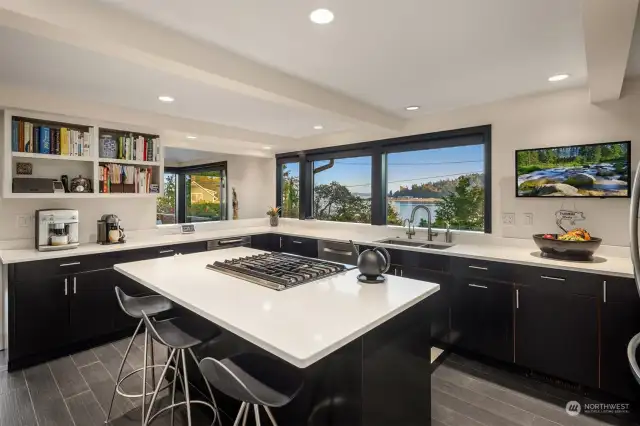 Room for everything. Multiple cooks. Counter seating. Coffee station.