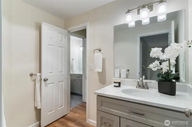 Renovated bath w/quartz countertops, new vanity, lighting