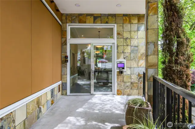 Main entrance with secure keypad for entry in to the building.