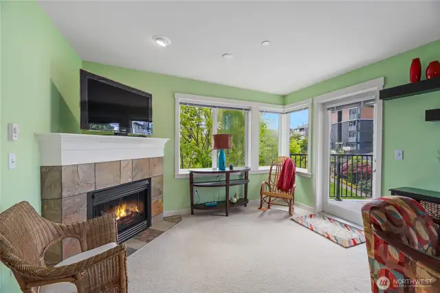 Another photo of the Living Room space, highlighting the cozy fireplace and lanai access.