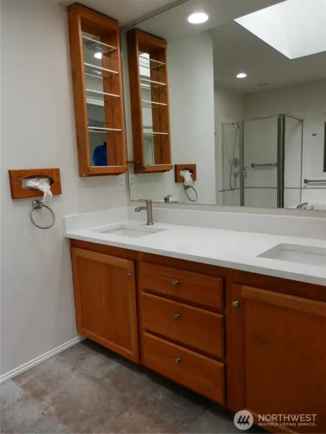 Primary has it's own private bath which has been remodeled too.  We did not forget anything.  New Countertops, sinks and facets, flooring and...