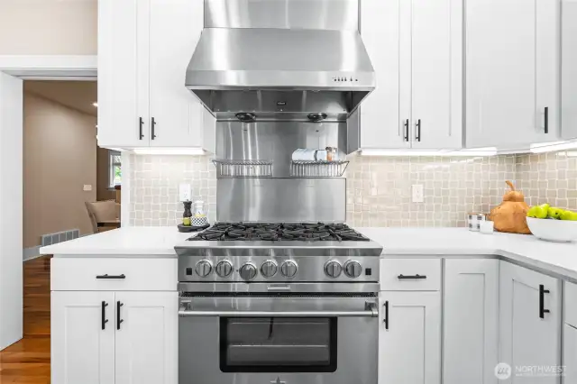 Custom Tile Backsplash, 6 Burner Range, White Kitchen