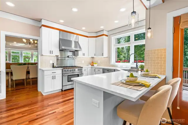 Beautiful Modern Kitchen w White Cabinets, Wolfe Gas Range, Theradore appliances