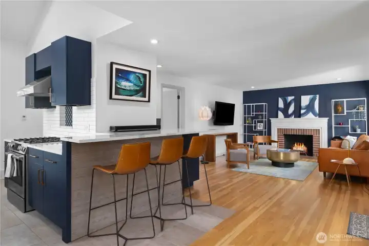 Living room, kitchen, and bar area on main floor