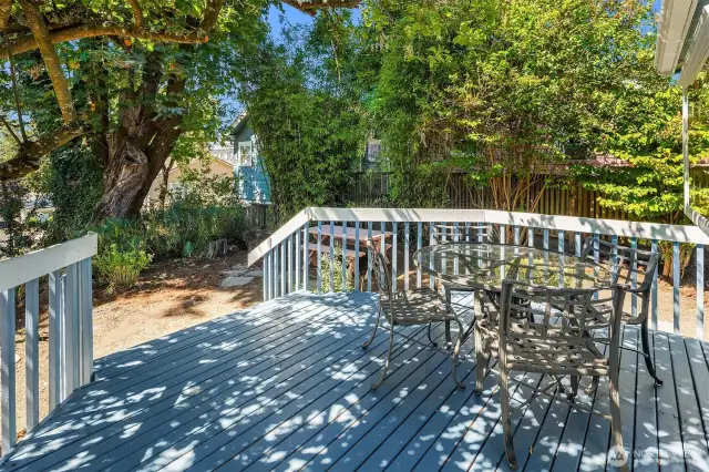 Lovely back deck conveniently located off the kitchen. Al fresco dining with a western view of Downtown Seattle.