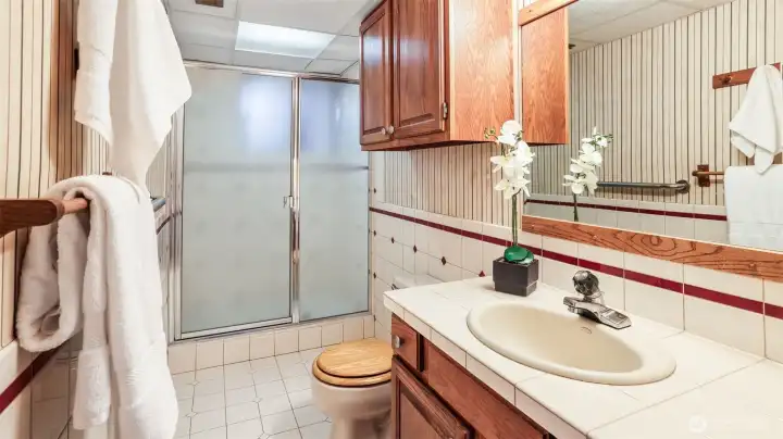 Convenient lower-level 3/4 bath featuring a walk-in shower—perfectly located for guests or everyday ease.