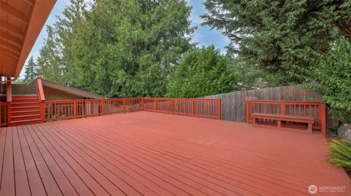 Step out to this spacious deck surrounded by mature greenery.