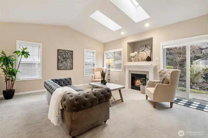 Great Room.  Note the inviting gas fireplace and skylights