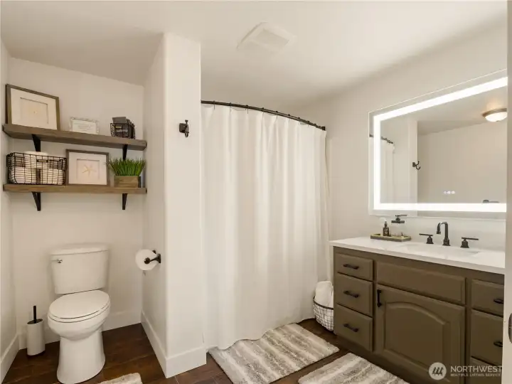 This is the full bath on the lower level. It has both charm and functionality.