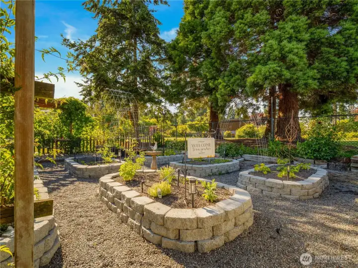 The garden space is set up with keeping chickens in and deer out. You can also sit under the grape vine and visit with your fowl friends while enjoying a drink of your choice.