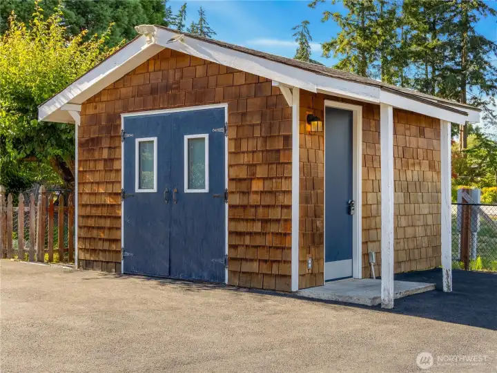 The storage shed holds your toys and tool.