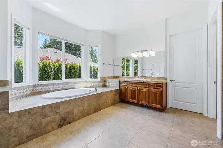 Primary bathroom with separate vanities, a step in shower, soaking tub, linen closet and a very generous walk-in closet.