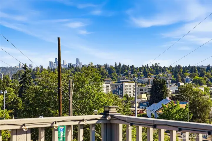 Catch views of Mount Rainier, part of the Seattle skyline, and the Space Needle from the back deck on a clear day