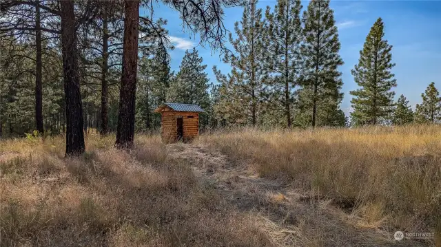 The outhouse was made from logs harvested from the property. Looking SW from garage.