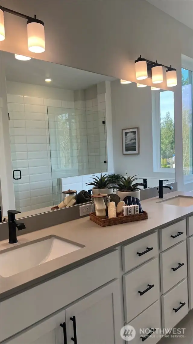 Primary bath.  Gorgeous quarts, dual sinks, spacious cabinets and drawers. Large linen, walk-in closet and separate water closet.