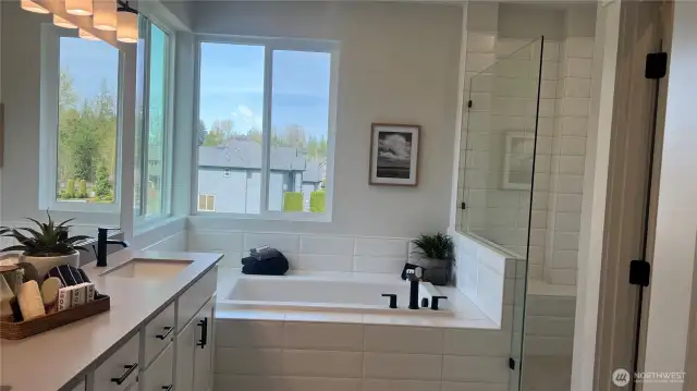 Large soaking tub with large windows and oversized walk-in shower.  Frameless glass at shower and tile walls and floor.  Nice shampoo niche.