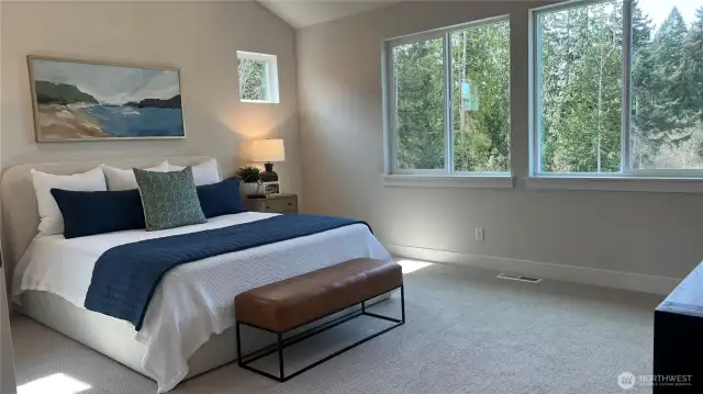 Large primary with vaulted ceiling and large window