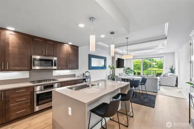 Living spaces feature 9' ceilings throughout with easy-care wide-plank floors.   Work space breakfast bar or buffet counter- your choice