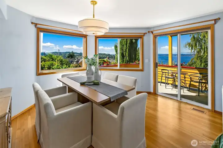 Dine inside or out with the view deck just off the dining room.