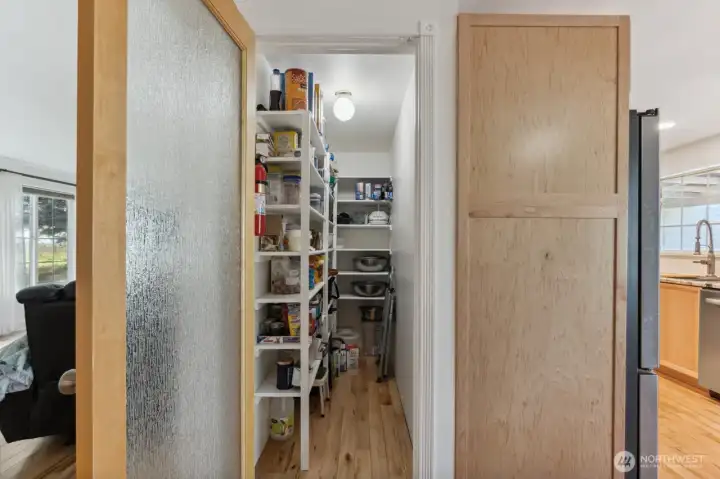 Roomy, custom walk-in pantry with shelving & lights!