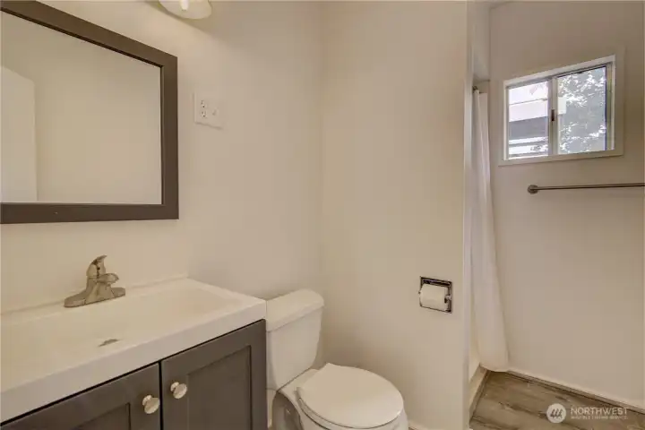 Remodeled 3/4 bathroom on the main level.