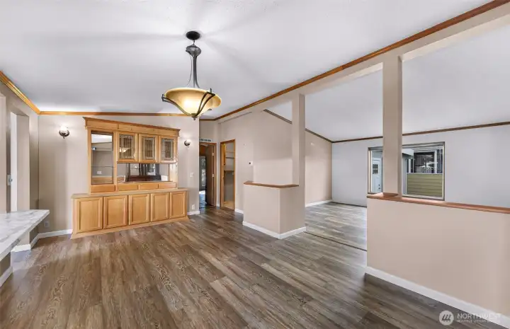 Custom built in curio cabinet for displaying collectibles and fine dining