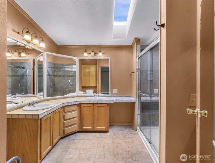 Primary bath with large walk in shower low step entry and skylights