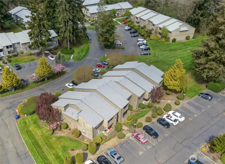 A thoughtfully planned community with open green space, mature trees, and buildings set comfortably apart.