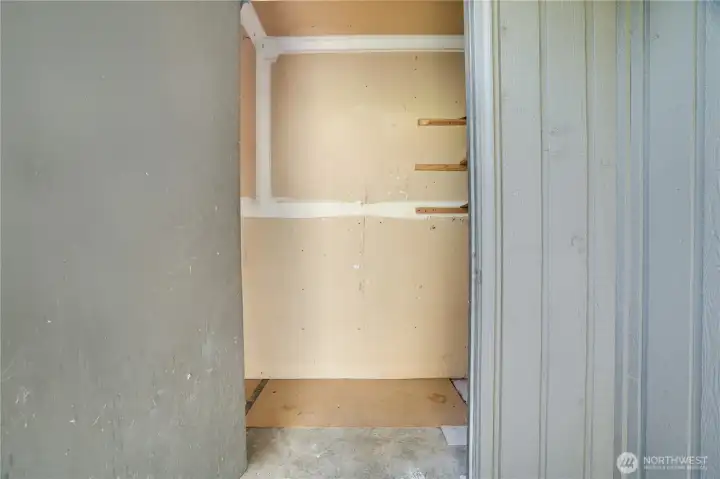Walk-in exterior storage closet adds valuable extra space.