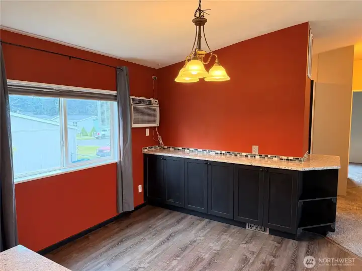 Dining room with wrap around cabinet storage!