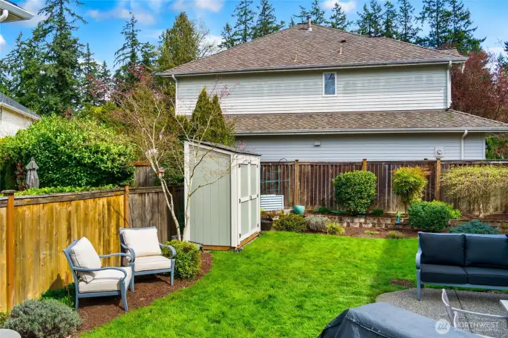 Level backyard with room for gardening.