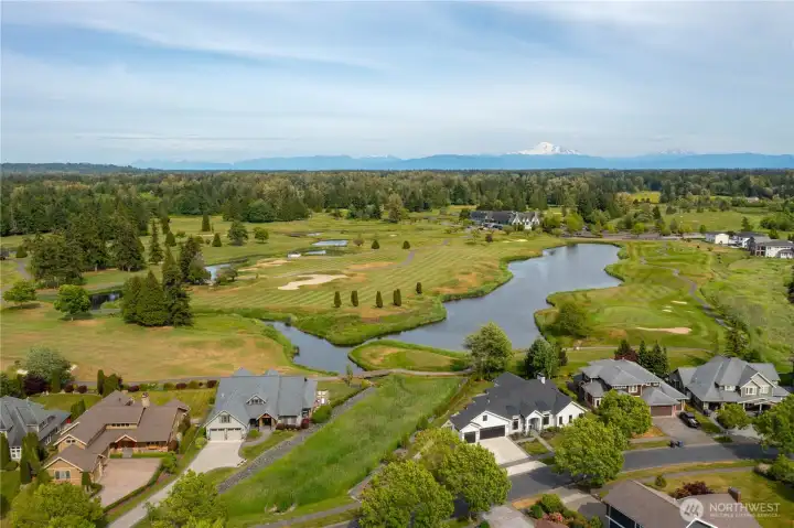 Elevated aerial perspective highlighting the home's exceptional location within The Greens at Loomis Trail.