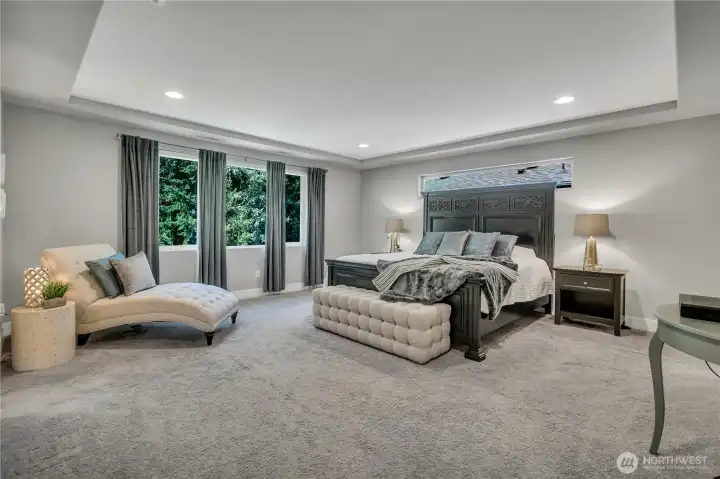 Spacious primary suite with tray ceiling and private greenbelt views Spacious primary suite with tray ceiling and private greenbelt views