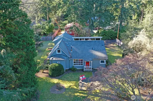 An aerial view of the back of the home.